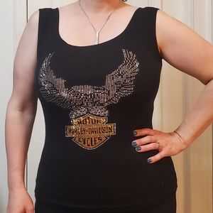 Harley-Davidson Women's Embellished Black Cotton Knit Sleeveless Top LRG3 Fitted
